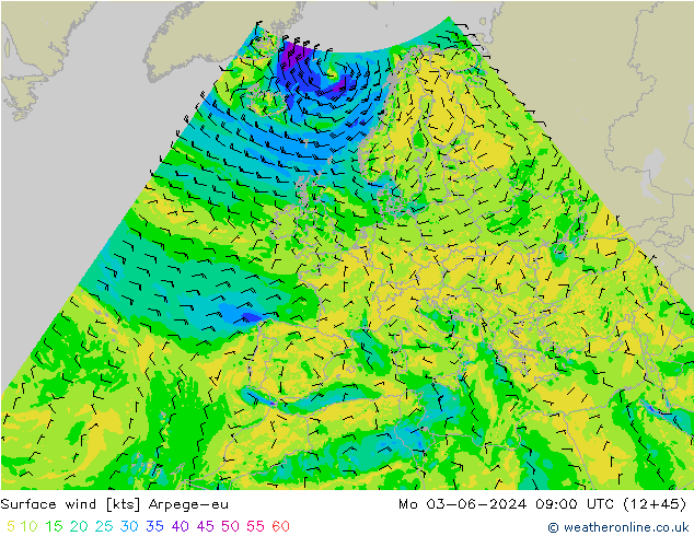 Surface wind Arpege-eu Mo 03.06.2024 09 UTC