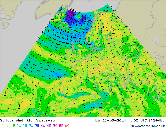 Vento 10 m Arpege-eu lun 03.06.2024 12 UTC