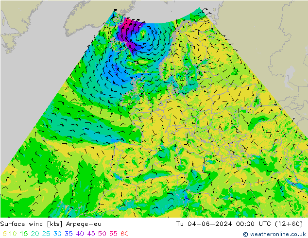 Surface wind Arpege-eu Tu 04.06.2024 00 UTC