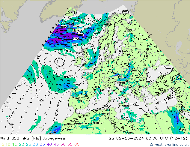 Wind 850 hPa Arpege-eu So 02.06.2024 00 UTC