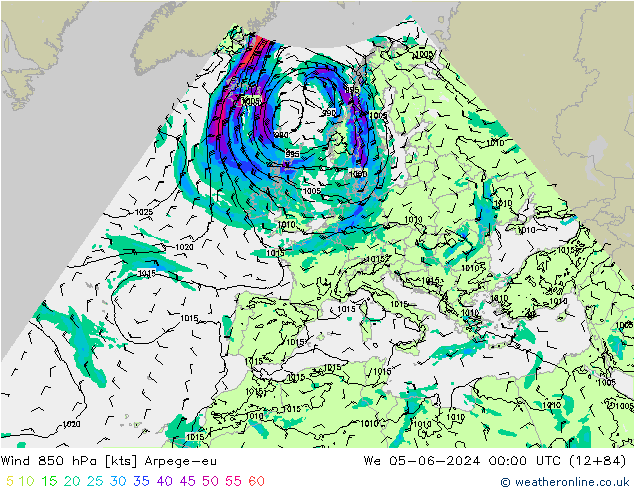 Vento 850 hPa Arpege-eu mer 05.06.2024 00 UTC