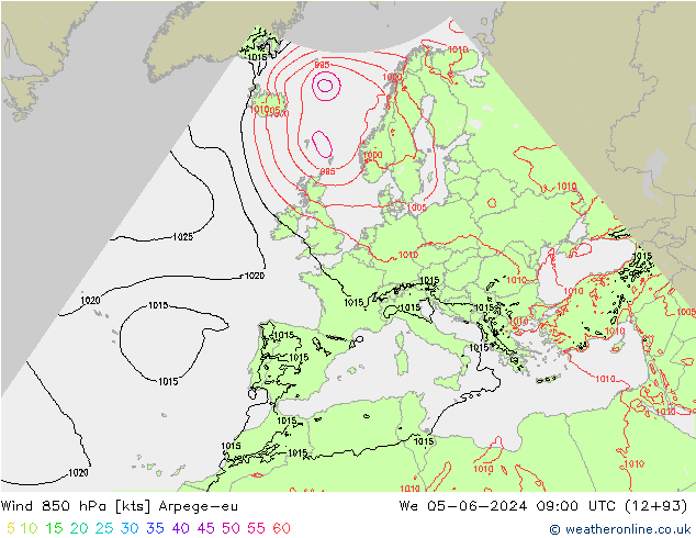 Vento 850 hPa Arpege-eu mer 05.06.2024 09 UTC