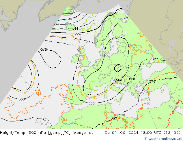 Height/Temp. 500 гПа Arpege-eu сб 01.06.2024 18 UTC