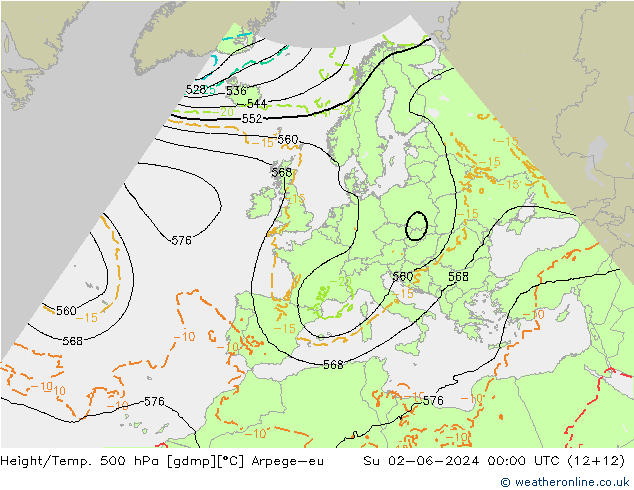 Height/Temp. 500 hPa Arpege-eu 星期日 02.06.2024 00 UTC