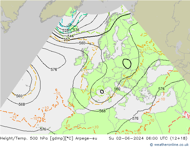 Height/Temp. 500 hPa Arpege-eu 星期日 02.06.2024 06 UTC