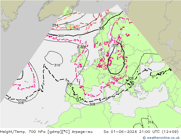 Height/Temp. 700 hPa Arpege-eu  01.06.2024 21 UTC