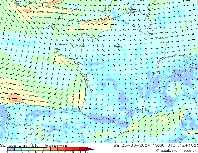 Rüzgar 10 m (bft) Arpege-eu Çar 05.06.2024 18 UTC