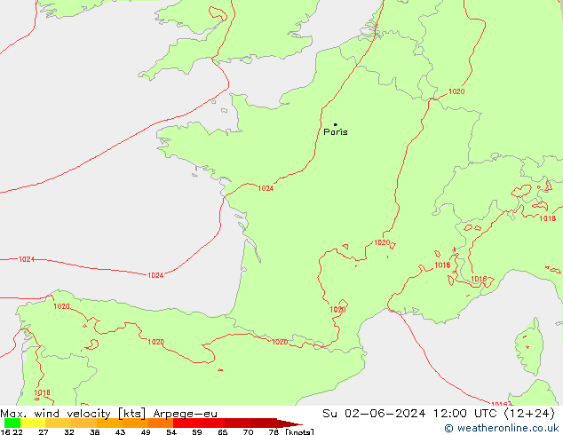 Max. wind velocity Arpege-eu Su 02.06.2024 12 UTC