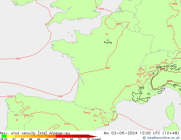 Max. wind velocity Arpege-eu Po 03.06.2024 12 UTC