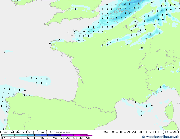 Precipitazione (6h) Arpege-eu mer 05.06.2024 06 UTC