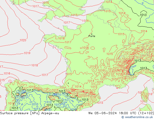 Presión superficial Arpege-eu mié 05.06.2024 18 UTC