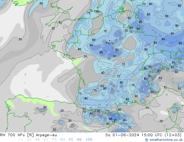 RH 700 hPa Arpege-eu Sáb 01.06.2024 15 UTC