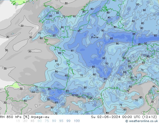 RH 850 гПа Arpege-eu Вс 02.06.2024 00 UTC