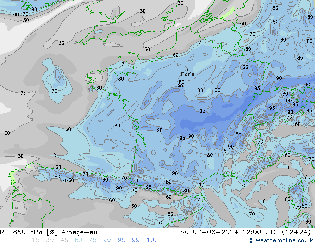 Humidité rel. 850 hPa Arpege-eu dim 02.06.2024 12 UTC