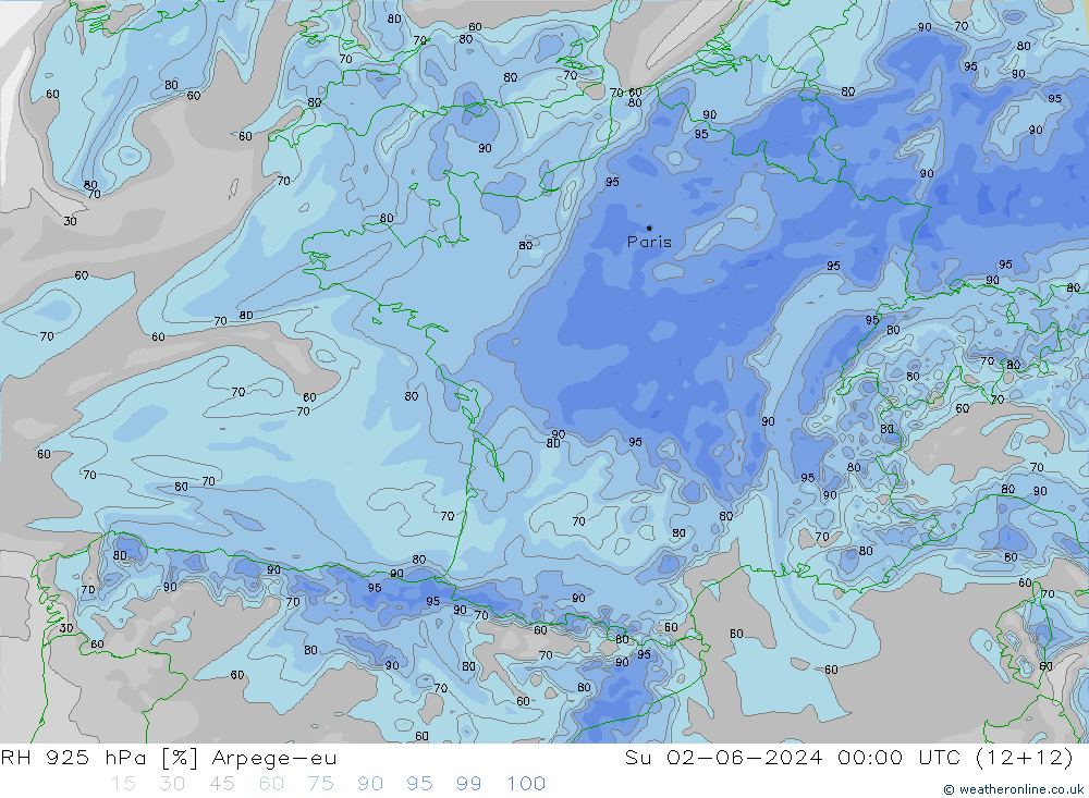 RH 925 гПа Arpege-eu Вс 02.06.2024 00 UTC
