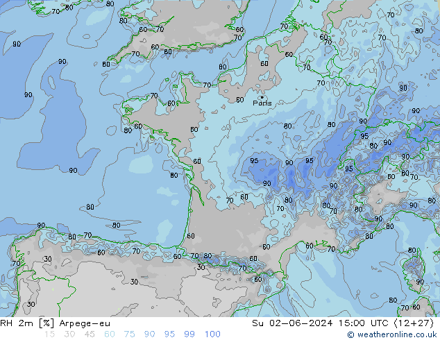 Humedad rel. 2m Arpege-eu dom 02.06.2024 15 UTC