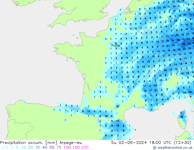 Precipitation accum. Arpege-eu Su 02.06.2024 18 UTC
