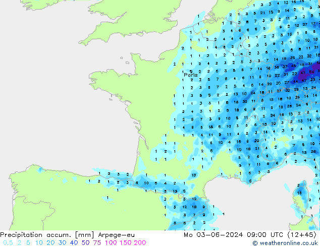 Precipitation accum. Arpege-eu pon. 03.06.2024 09 UTC