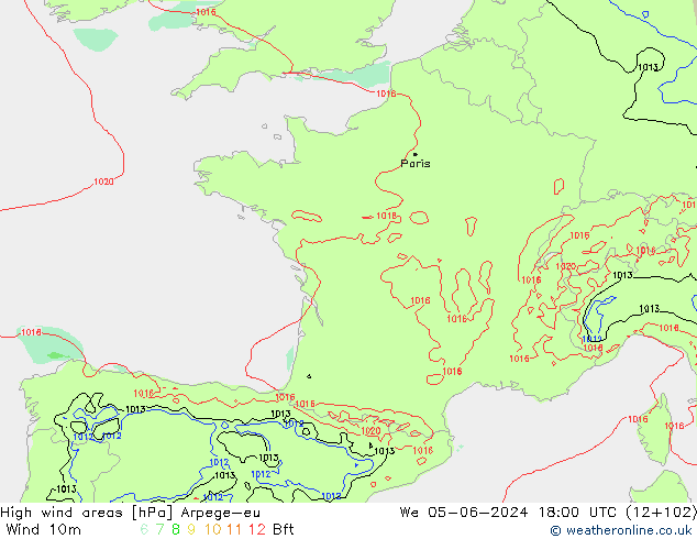 High wind areas Arpege-eu ср 05.06.2024 18 UTC