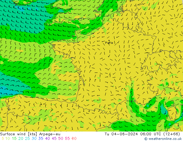 wiatr 10 m Arpege-eu wto. 04.06.2024 06 UTC
