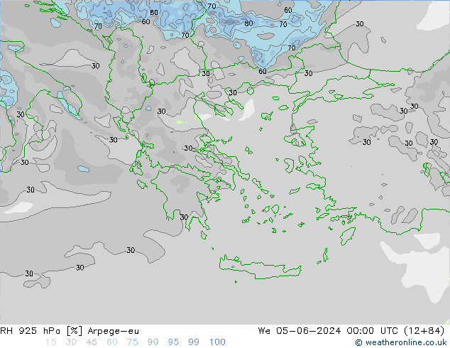 Humidité rel. 925 hPa Arpege-eu mer 05.06.2024 00 UTC