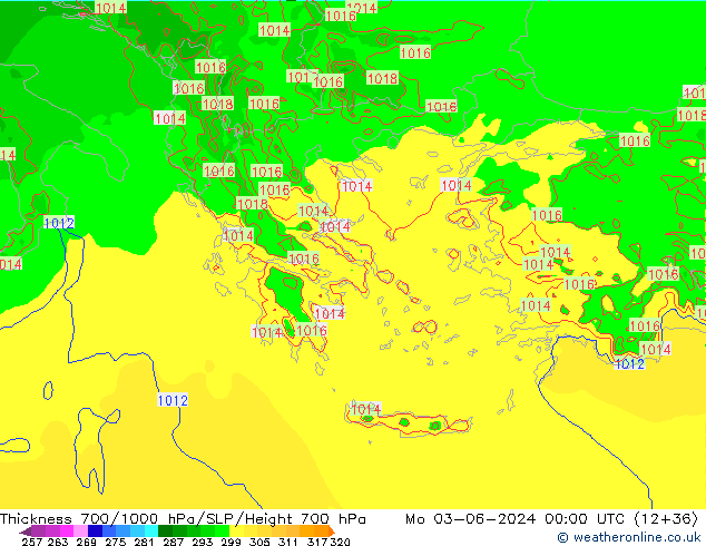 Thck 700-1000 hPa Arpege-eu lun 03.06.2024 00 UTC