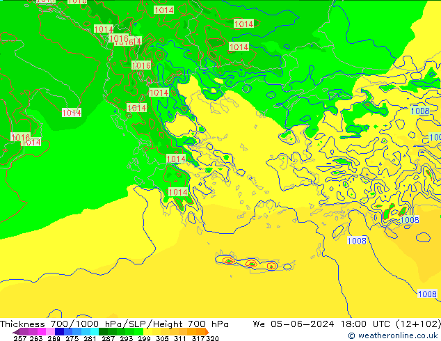 Espesor 700-1000 hPa Arpege-eu mié 05.06.2024 18 UTC