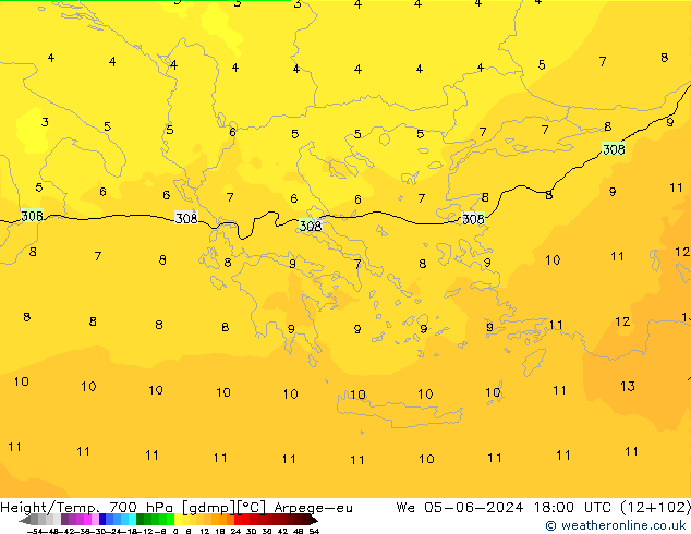 Geop./Temp. 700 hPa Arpege-eu mié 05.06.2024 18 UTC