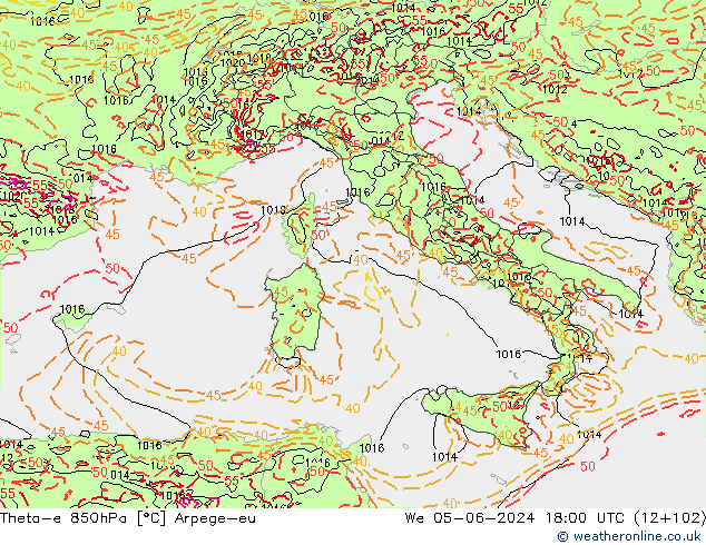 Theta-e 850hPa Arpege-eu  05.06.2024 18 UTC