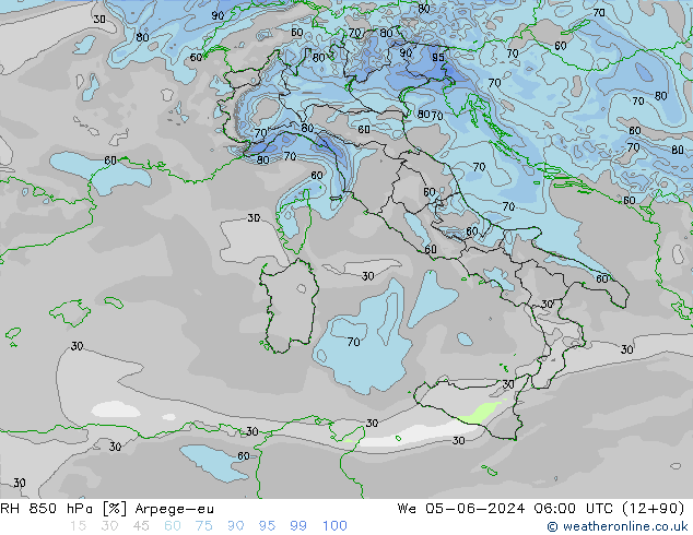 RH 850 hPa Arpege-eu mer 05.06.2024 06 UTC