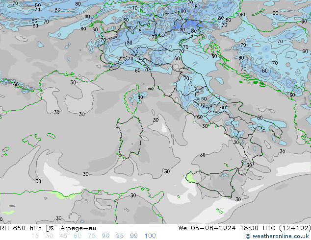 RH 850 гПа Arpege-eu ср 05.06.2024 18 UTC