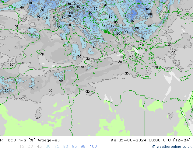 RH 850 hPa Arpege-eu Qua 05.06.2024 00 UTC