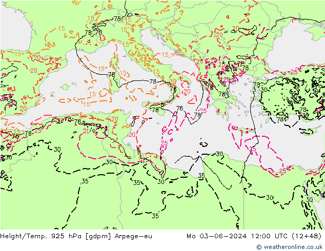 Hoogte/Temp. 925 hPa Arpege-eu ma 03.06.2024 12 UTC