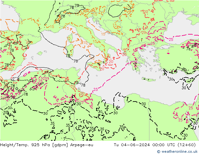 Yükseklik/Sıc. 925 hPa Arpege-eu Sa 04.06.2024 00 UTC