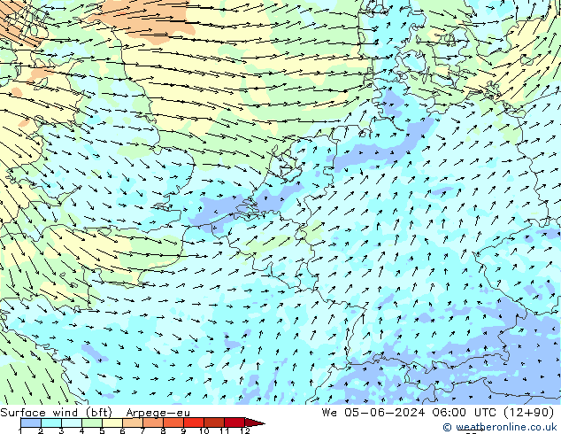 Viento 10 m (bft) Arpege-eu mié 05.06.2024 06 UTC