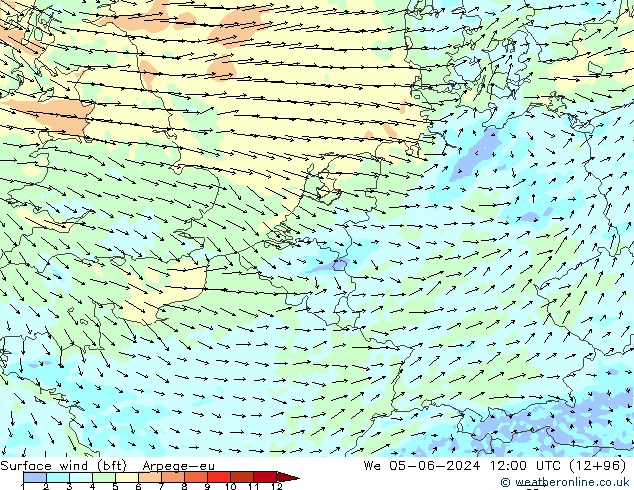 ве�Bе�@ 10 m (bft) Arpege-eu ср 05.06.2024 12 UTC