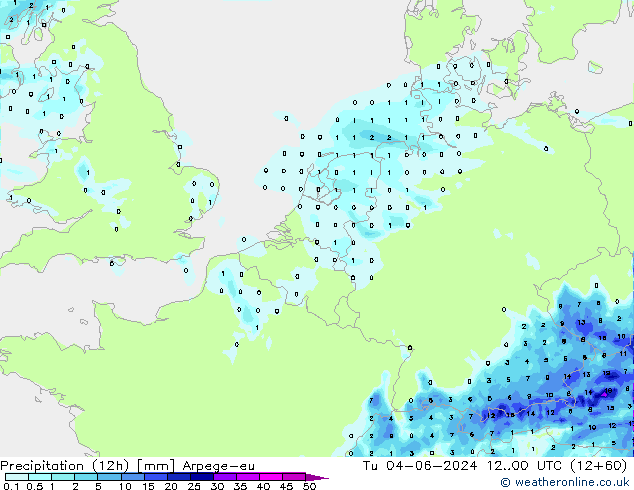 осадки (12h) Arpege-eu вт 04.06.2024 00 UTC