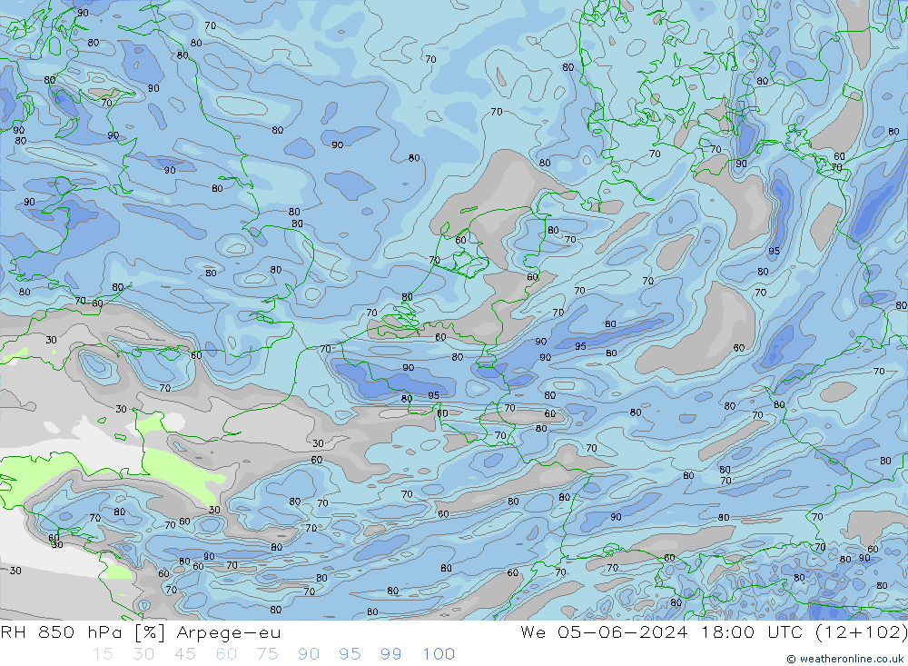 RH 850 hPa Arpege-eu We 05.06.2024 18 UTC