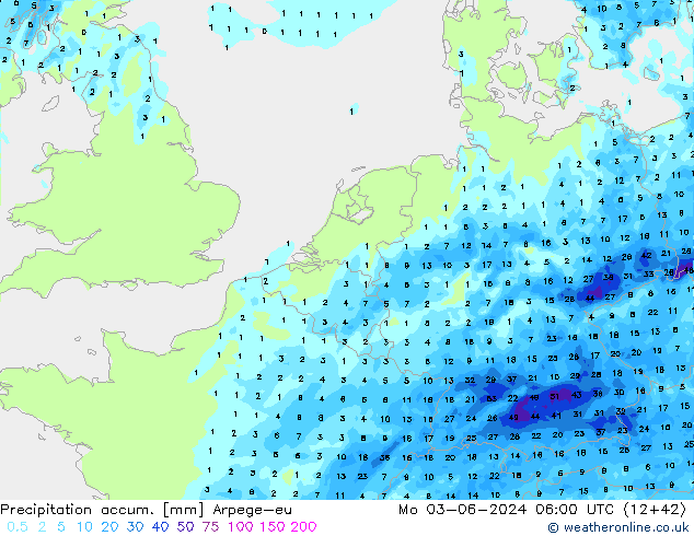 Totale neerslag Arpege-eu ma 03.06.2024 06 UTC