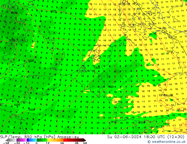 SLP/Temp. 850 hPa Arpege-eu Su 02.06.2024 18 UTC