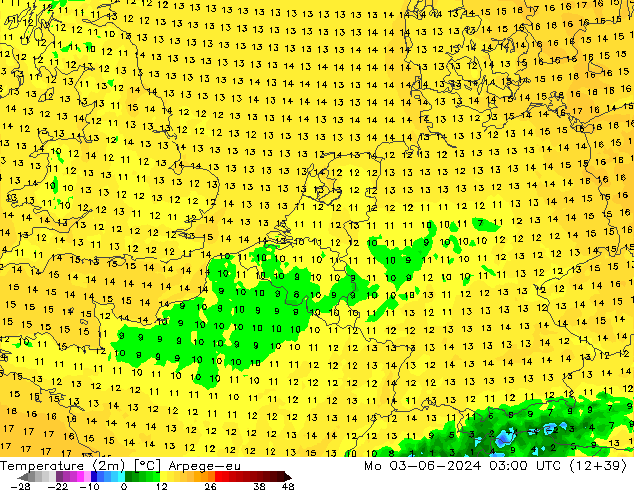 Temperatura (2m) Arpege-eu lun 03.06.2024 03 UTC