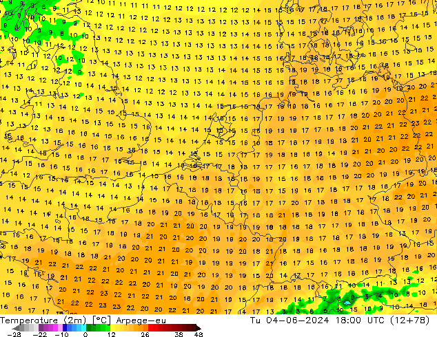 Sıcaklık Haritası (2m) Arpege-eu Sa 04.06.2024 18 UTC