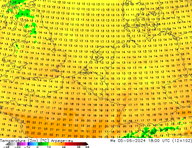 Temperature (2m) Arpege-eu We 05.06.2024 18 UTC