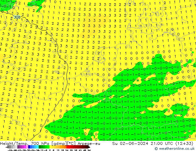 Height/Temp. 700 гПа Arpege-eu Вс 02.06.2024 21 UTC