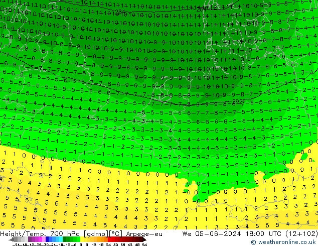 Height/Temp. 700 hPa Arpege-eu Mi 05.06.2024 18 UTC