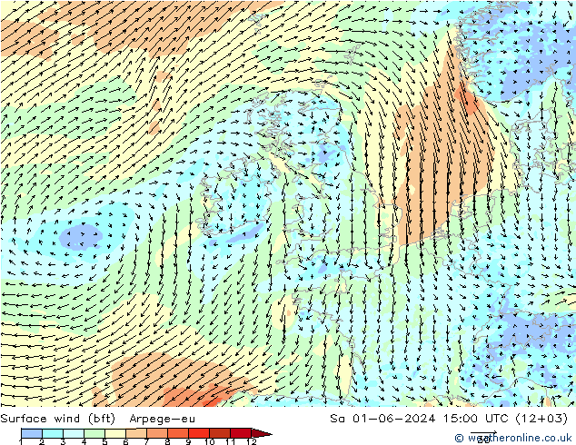 Surface wind (bft) Arpege-eu Sa 01.06.2024 15 UTC