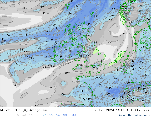 Humedad rel. 850hPa Arpege-eu dom 02.06.2024 15 UTC