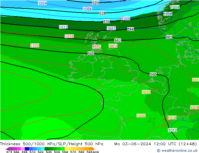 Schichtdicke 500-1000 hPa Arpege-eu Mo 03.06.2024 12 UTC