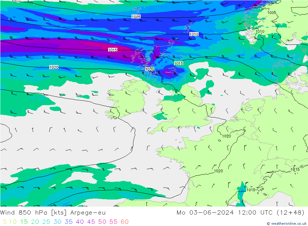 Wind 850 hPa Arpege-eu ma 03.06.2024 12 UTC