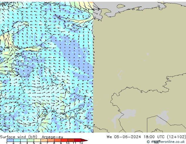 Rüzgar 10 m (bft) Arpege-eu Çar 05.06.2024 18 UTC